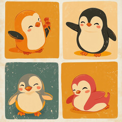 Fototapeta premium a minimalist illustration of four penguins in vibrant, solid squares. 