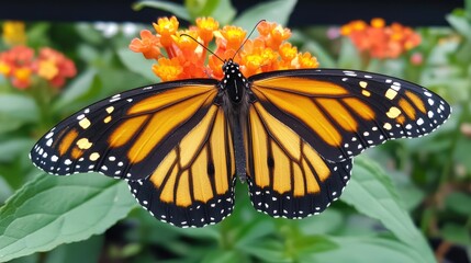 Fototapeta premium Monarch Butterfly on Vibrant Flowers in Garden