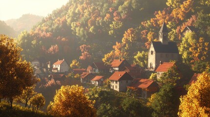 Naklejka premium Vibrant Medieval Village in Autumn Hills - Ultra-Detailed 3D Render Illustration of Cozy Community Amid Colorful Rooftops and Trees