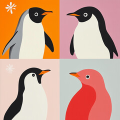 Obraz premium a minimalist illustration of four penguins in vibrant, solid squares. 