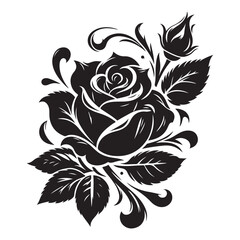 Set of decorative rose with leaves. Flower silhoutte. Vector illustration, rose icon, rose silhouette, decorative rose, flower icon, floral vector, rose vector, rose with leaves, flower silhouette