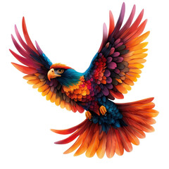 Fototapeta premium Colorful bird soaring gracefully in flight against a white background.