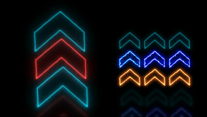 Glowing neon line icon and up arrow isolated on  black background