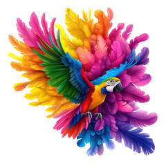 Obraz premium Colorful parrot surrounded by vibrant feathers on a white isolated background.