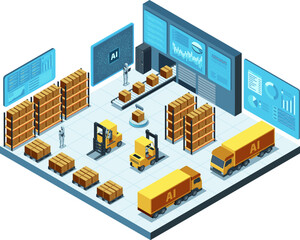Isometric AI-Powered Logistics Hub with Automated Vehicles