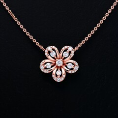 Floral design diamond pendant in rose gold on plain black dark background