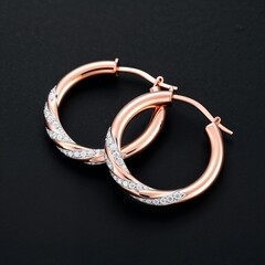 Twisted rose gold hoop earrings with diamond detailing on plain black dark background
