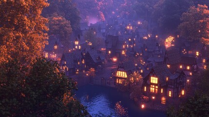 Obraz premium Enchanting Medieval Village in Autumn Dusk - Ultra-Detailed Fantasy 3D Render Illustration