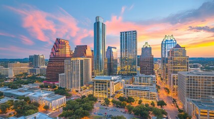 Fototapeta premium Vibrant Sunset Over Austin Skyline Cityscape