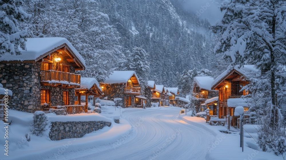 Aufkleber Charming log cabins surrounded by snow create a serene atmosphere as warm lights illuminate the cozy structures in a winter forest.