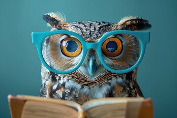 Curious Owl Wearing Blue Glasses Engrossed in Reading a Book, Captured Against a Teal Background in a Creative and Whimsical Depiction
