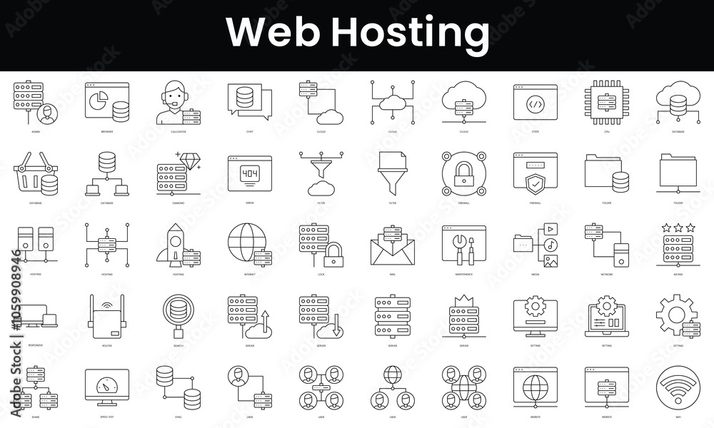 Poster set of outline web hosting icons. minimalist thin linear web icon set. vector illustration.