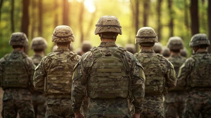 Fototapeta premium Rear View of Soldiers in Camouflage Uniforms Standing in a Forest