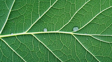 Obraz premium Highcontrast macro of dewcovered leaf veins, vivid greens, and clear water droplet reflections, natural setting