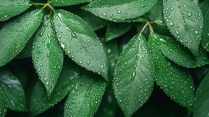 Fototapeta premium Ultraclose view of glistening dewdrops on dark green leaves, strong contrast, each droplet in focus