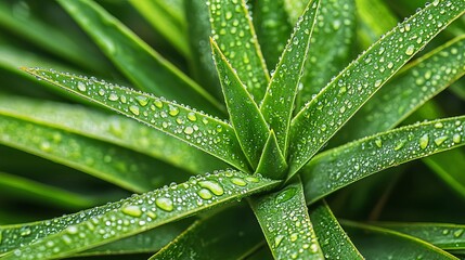 Closeup of dewdrops on sharp green leaves, enhanced contrast, rich colors, and natural lighting in macro style