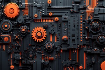 Abstract 3D illustration of a complex machine with black and orange gears, cogs, and other mechanical parts.
