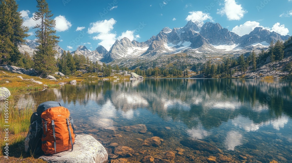 Poster a brightly colored backpack sits on a rock by a tranquil lake, reflecting surrounding snow-capped mo