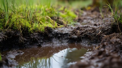 Obraz premium Wetland soil with decaying plant material, nutrient-rich layers, detailed textures, illustrating the role of decomposition in ecosystem health.