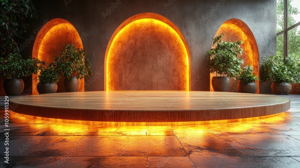 Aufkleber illuminated wooden platform with arched backdrop