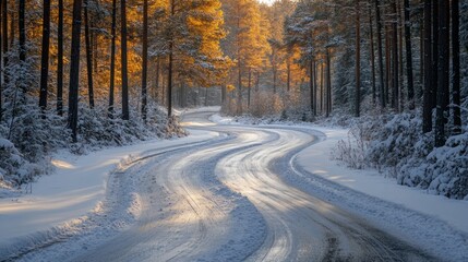 Obraz premium A serene winter road meanders through a forest, lined with trees displaying a mix of orange autumn leaves and fresh snow. The warm light casts a peaceful glow over the scene.