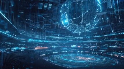 Fototapeta premium Futuristic holographic projection illuminates stadium, creating immersive experience for spectators in innovative sports arena, showcasing advanced technology and entertainment