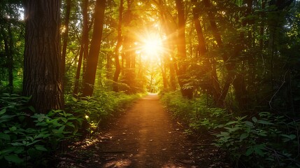 Obraz premium Green tunnel in the garden at sunset time.