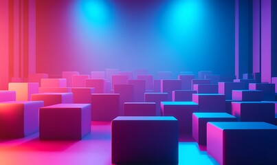 Obraz premium A vibrant scene with colorful cubes in a dimly lit space, suggesting a modern art installation.