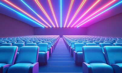 Obraz premium A futuristic cinema interior with vibrant neon lights and empty seating.