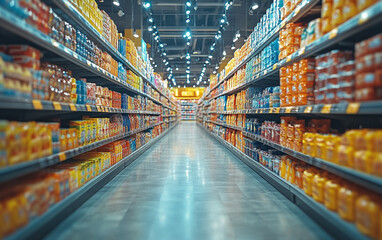 Fototapeta premium Blurry shopping shelves in supermarkets and department stores realistic image, ultra hd, high design very detailed