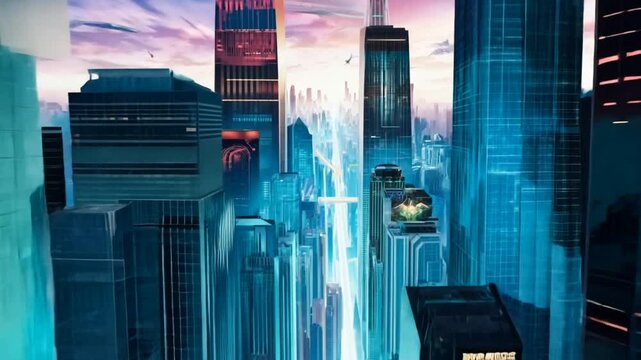 Futuristic vertical city with neon skyscrapers at dusk. Modern architecture concept
