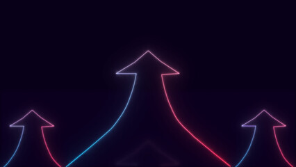 3d render, abstract minimalist geometric background. Colorful neon ascending Up arrow, linear sign