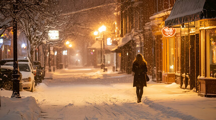 Obraz premium Woman Walking Through a Snowy Deserted Street at Night