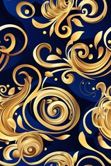 Gold swirl patterns on dark blue bcakground seamless wallpaper design