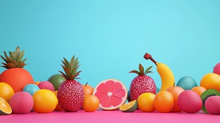 A vibrant arrangement of assorted fruits displayed against a bright blue background, creating a cheerful and colorful visual feast.