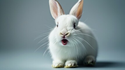 Fototapeta premium cute animal pet rabbit or bunny white color smiling and laughing isolated with copy space for easter background, rabbit, animal, pet, cute, fur, ear, mammal, background, celebration, generate by AI
