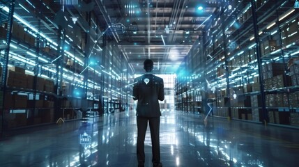 Businessman and global logistics network distribution and transportation, Smart logistics, Innovation future of transportation on large warehouse center .