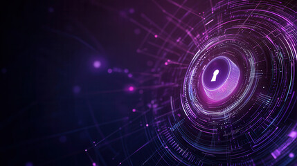 abstract lock symbol on dark background, representing security and technology. vibrant purple hues and intricate patterns evoke sense of digital protection and innovation
