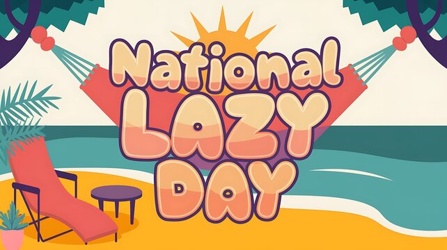 National Lazy Day Illustration with Hammock, Beach, and Lounge Chair