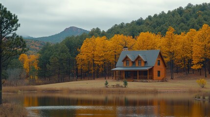 Obraz premium A wooden cabin sits on a lake shore in a forested valley with fall foliage in the background.