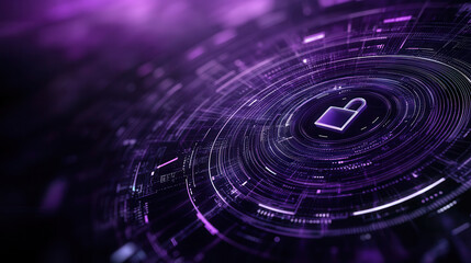 Fototapeta premium Abstract lock symbol on dark background with digital patterns, representing cybersecurity and data protection. vibrant purple tones enhance futuristic feel