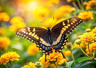 Fototapeta premium Captivating Black Swallowtail Butterfly on Vibrant Yellow Flowers in Natural Setting, Candid Photography, Nature Close-Up, Wildlife Beauty, Summer Garden, Pollination, Colorful Flora
