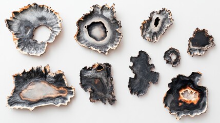 Burnt holes in various shapes with smoky, charred details on a white background