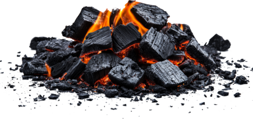 burning charcoal with vibrant orange flames, isolated on transparent background. energy and heat concept