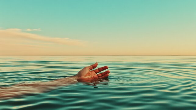 japen style, close-up of a man hand and arm floating above water with ripples around it. The scene has soft tones, calm waters, and a peaceful, zen aesthetic, with coast in the background. 