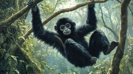 Obraz premium A Hainan Gibbon swinging gracefully through tree branches on Hainan Island. Its sleek black fur, lean limbs, and expressive face stand out against dense, green forest leaves.