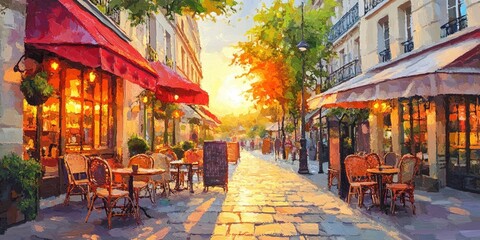 Fototapeta premium Abstract Impressionist Illustration of a Bright Sunrise Over a Parisian Street, Featuring Vivid Oil Painting Texture. Sunlight Breaks Through the Clouds, Illuminating the Avenues, While the Outdoor Ca
