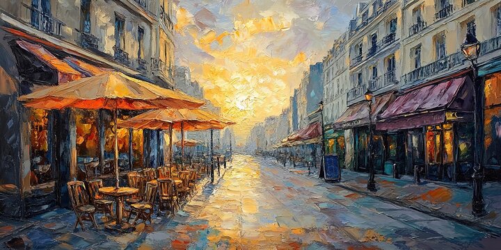 Abstract Impressionist Illustration of a Bright Sunrise Over a Parisian Street, Featuring Vivid Oil Painting Texture. Sunlight Breaks Through the Clouds, Illuminating the Avenues, While the Outdoor Ca