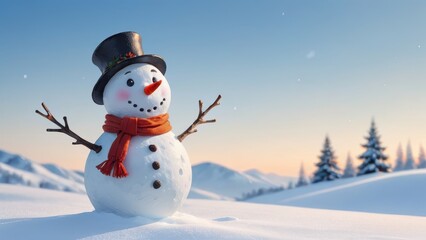 Naklejka premium Happy Snowman with Top Hat and Scarf in Snowy Winter Landscape