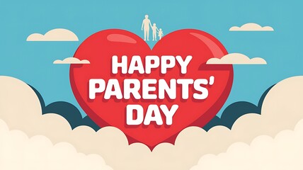Happy Parents' Day Greeting with Red Heart and Family Silhouettes in Clouds